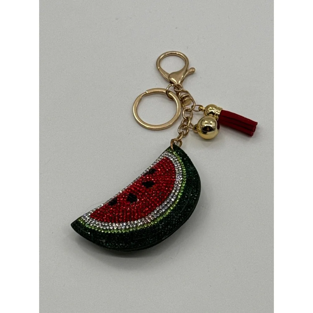 Watermelon Rhinestone Keychain Bag Charm Red Green Fruit Tassel Gold Tone
